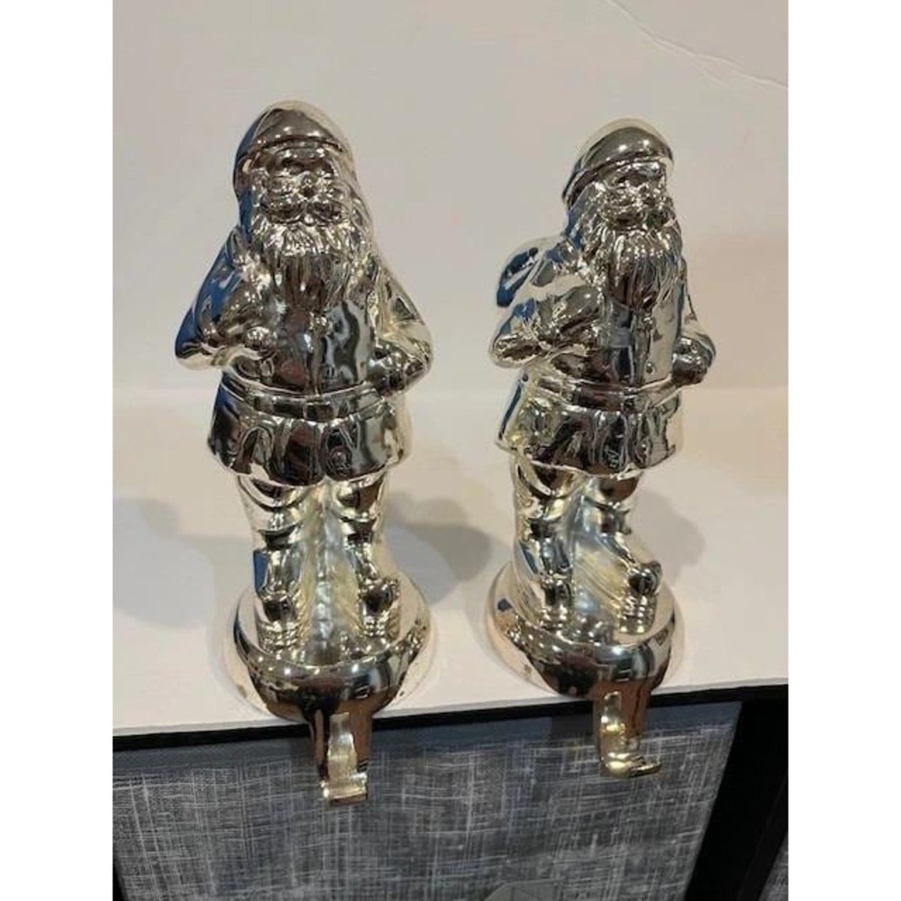 VTG Christmas Stocking Hangers Metal Figural Santa Claus Chrome Holder Hook